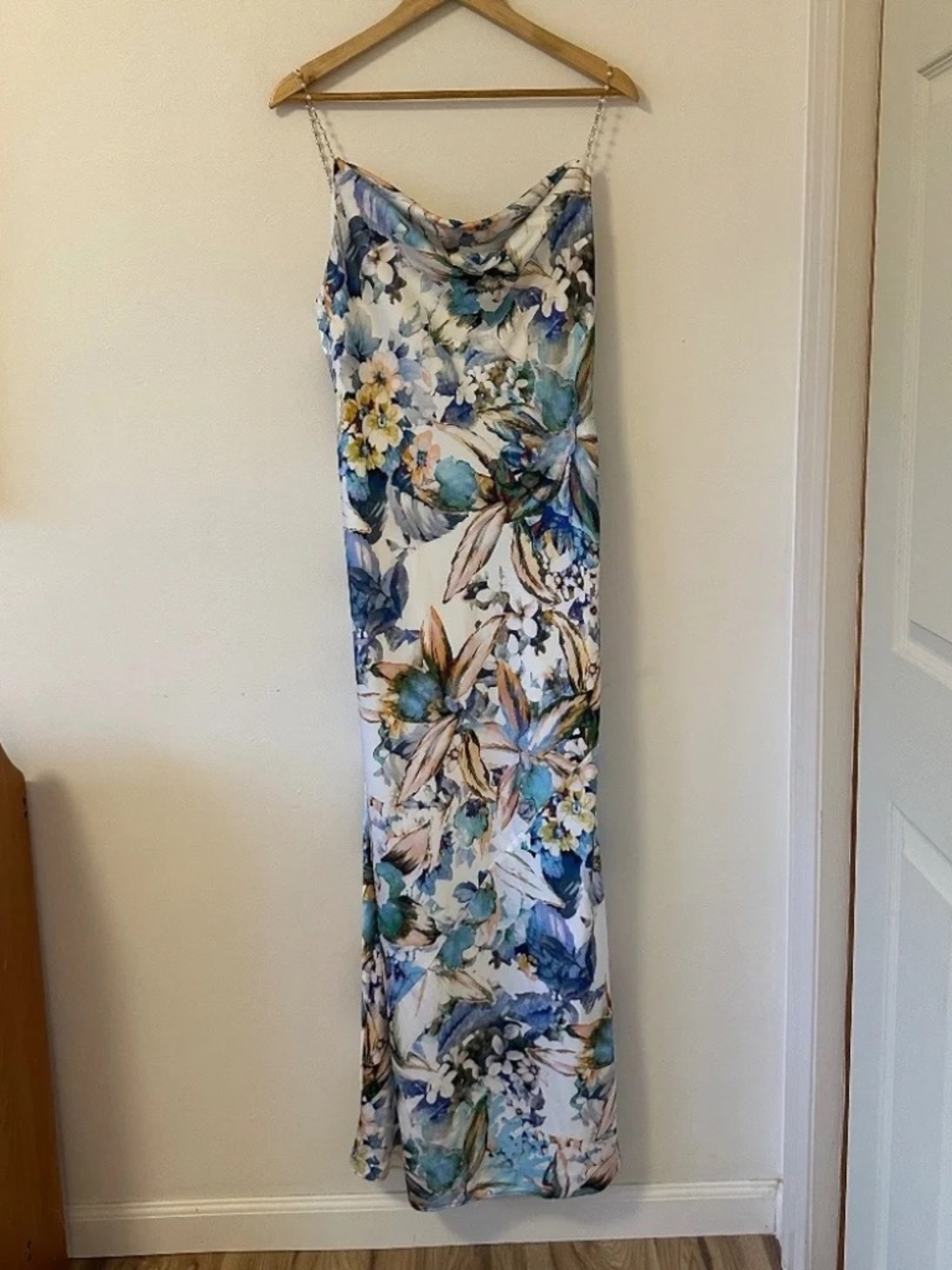 Liv Foster Beaded-Strap Floral Print Satin Slip Gown | Size 10